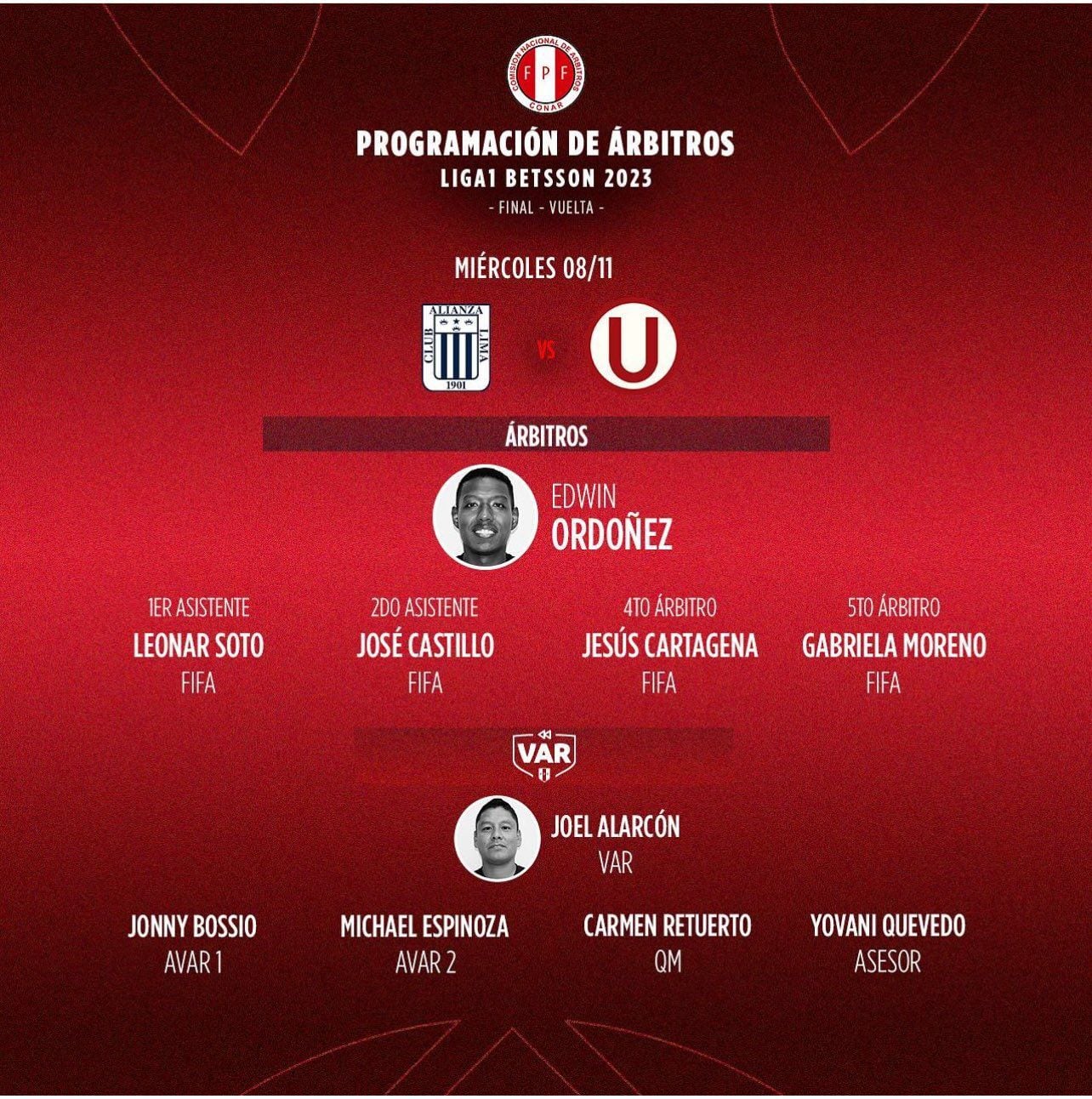 El equipo arbitral liderado por Edwin Ordóñez para el Alianza Lima vs Universitario por final vuelta de Liga 1 2023. - créditos: CONAR