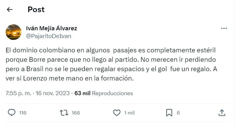 El periodista no quedó conforme con el funcionamiento del equipo, pese a que sobre el terreno la Tricolor fue superior a Brasil - crédito Iván Mejía / X