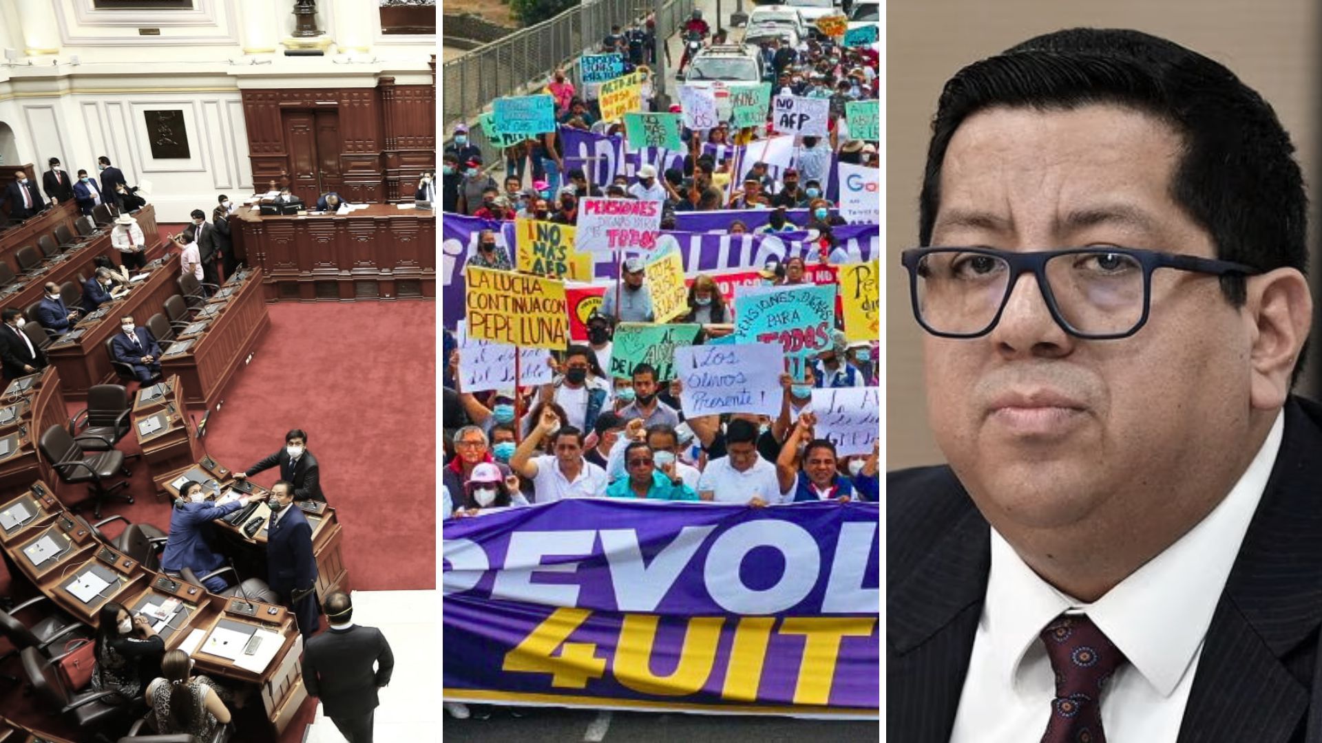 Tres fotos en bloques, una del Congreso de la República de Perú, una de marcha a favor de retiro AFP de 4 UIT, y otra del ministro de Economía y Finanzas, Alex Contreras.