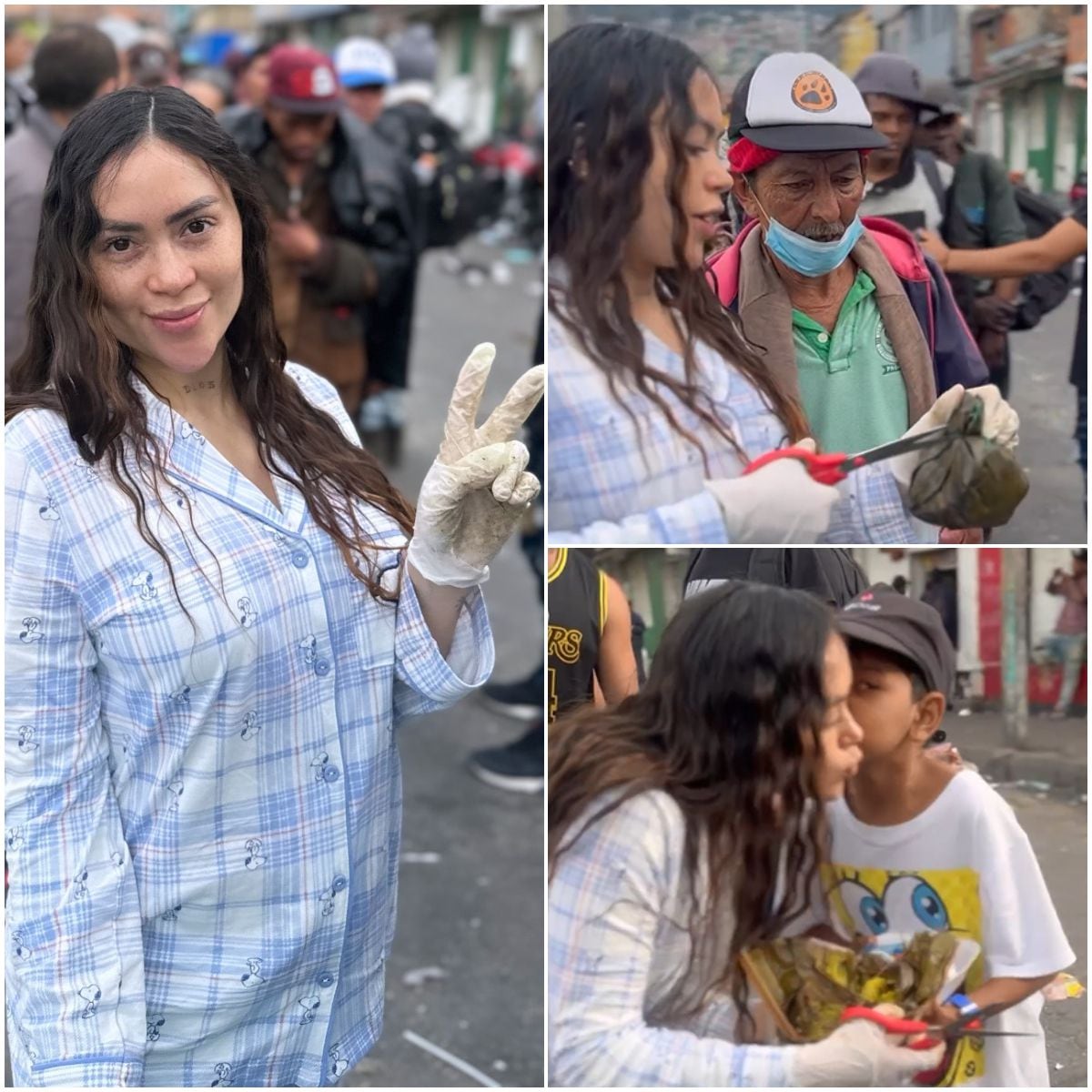 Epa Colombia en un montaje de Infobae Colombia con fotos de su entrega de tamales y ropa a los habitantes de calle en Bogotá