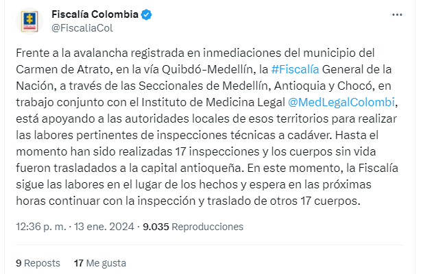 Fiscalía General de la Nación está realizando acompañamiento a las autoridades de la región afectada por el derrumbre, que hasta el momento ha cobrado la vida de 33 personas - crédito Fiscalía / X
