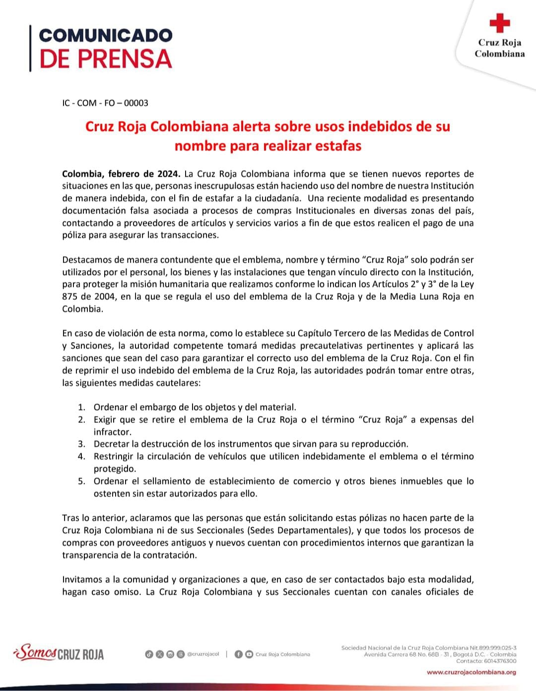Comunicado de la Cruz Roja alertando sobre la modalidad de estafa a su nombre - crédito Cruz Roja Colombiana