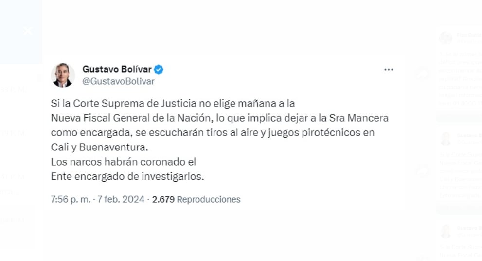 Gustavo Bolívar lanza una advertencia sobre la importancia de elegir al nuevo fiscal para prevenir disturbios en ciudades afectadas por el narcotráfico - crédito @GustavoBolivar/X