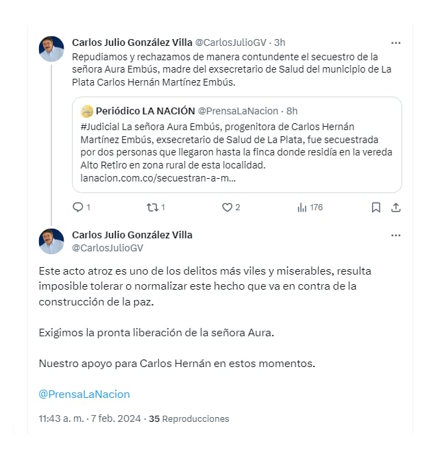 El senador huilense condenó el secuestro y exigió la liberación de la mamá del exsecretario de Salud de la Alcaldía de La Plata - crédito @CarlosJulioGV/X