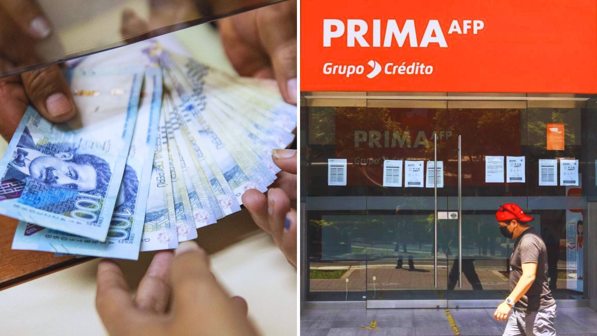 Mano con billetes de soles entregando, y facha de Prima AFP con persona caminando
