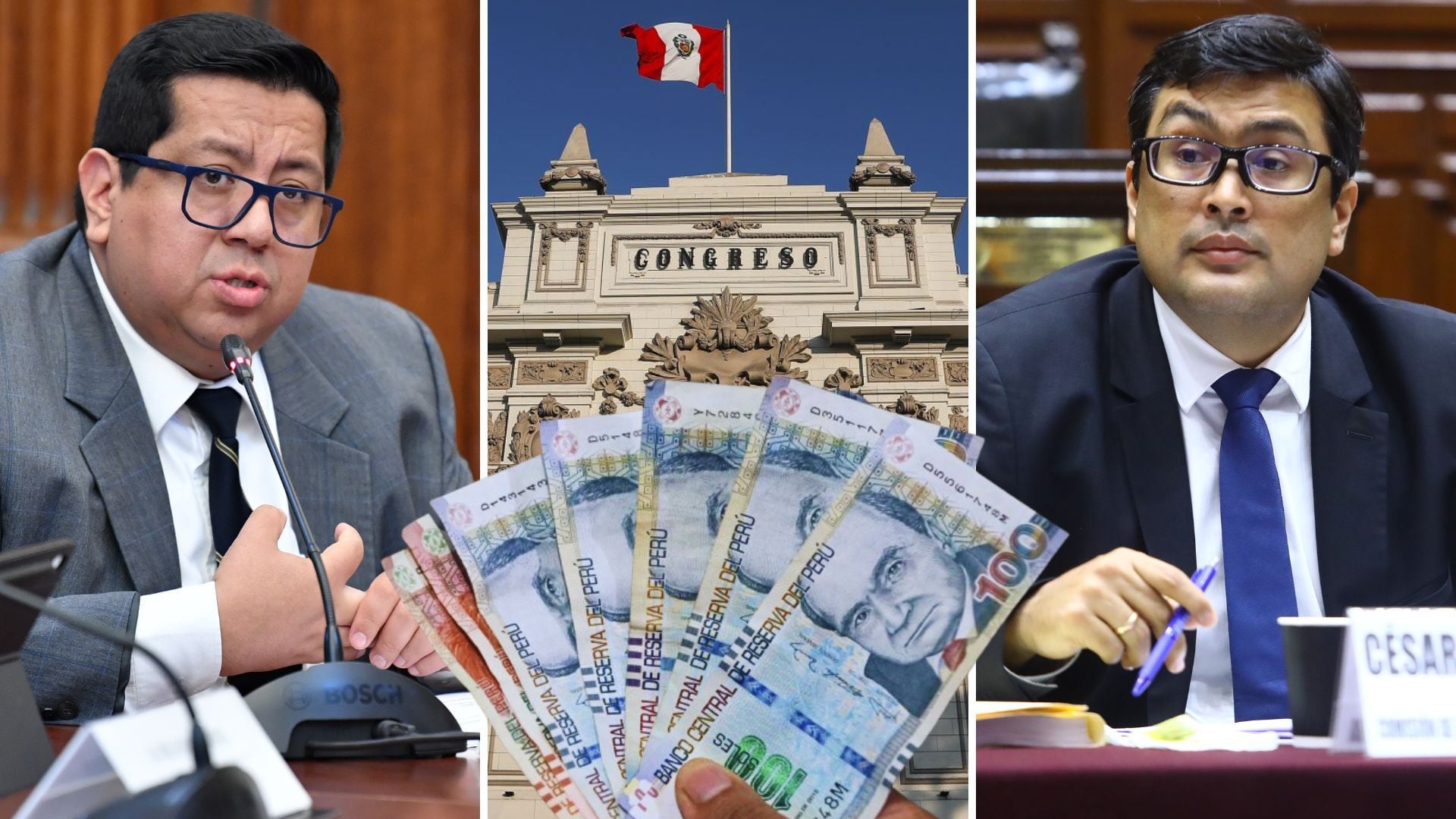 Alex Contreras, del MEF, el Congreso, y César Revilla, de Fuerza Popular, y una mano con billetes de soles en medio.