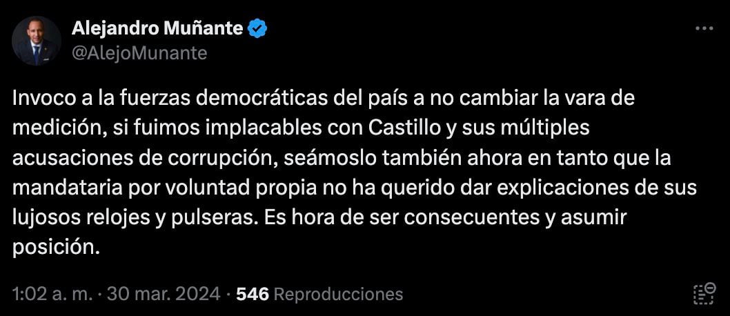 Congresista Alejandro Muñante se pronuncia sobre allanamiento a vivienda de presidenta Dina Boluarte.