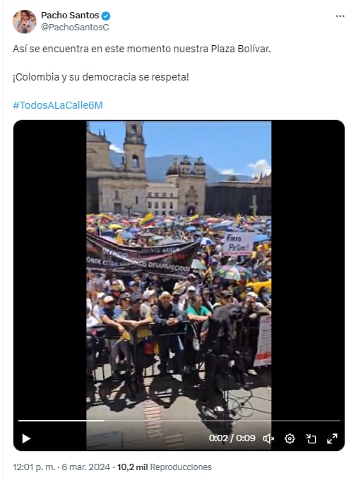 El exvicepresidente resaltó la alta presencia de manifestantes en la Plaza de Bolívar - crédito captura de pantalla.