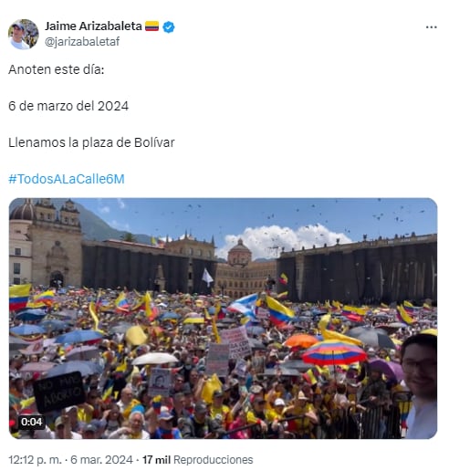 El activista Jaime Arizabaleta destacó la presencia de manifestantes en la Plaza de Bolívar - crédito captura de pantalla.