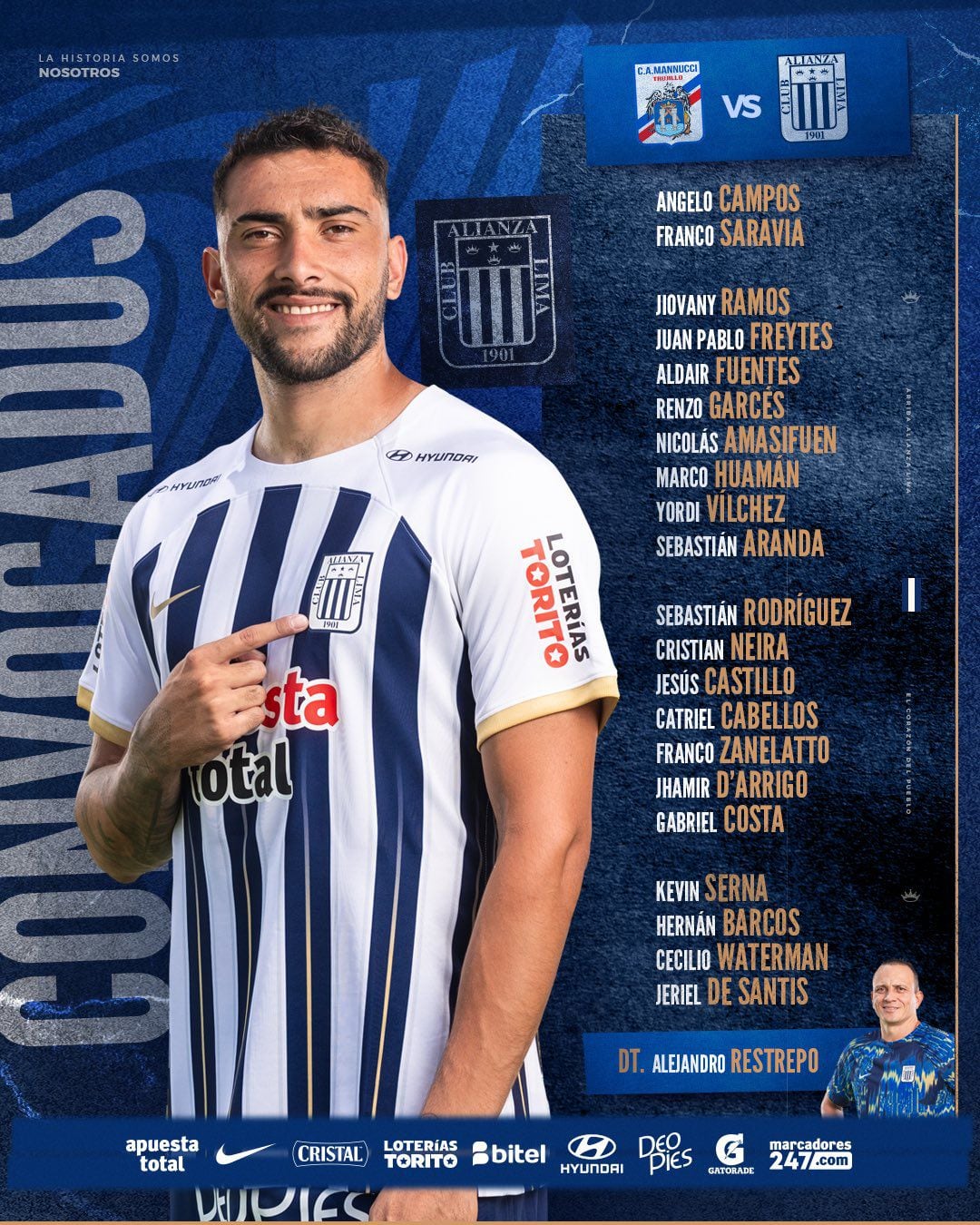 La lista de convocados de Alianza Lima para enfrentar a Carlos A. Mannucci por la fecha 10 del Torneo Apertura 2024.