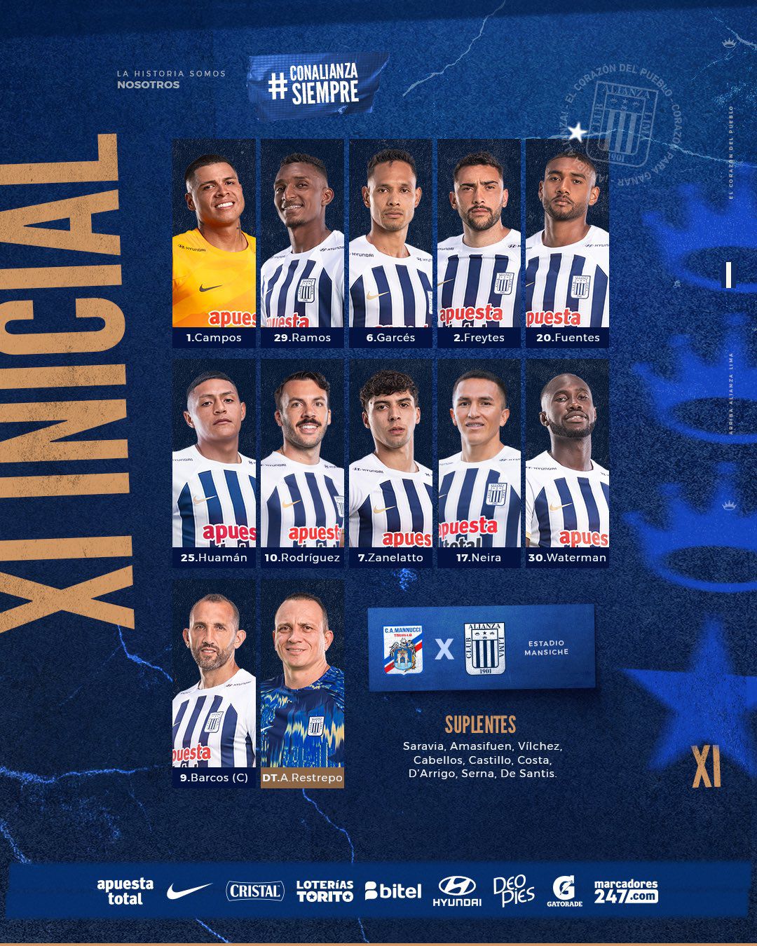Equipo titular de Alianza Lima para enfrentar a Carlos Mannucci por Liga 1 2024.