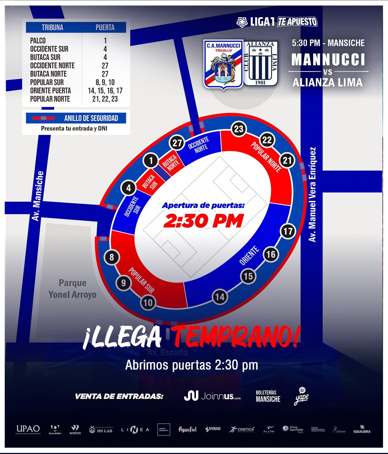 Puertas destinadas para el ingreso a cada tribuna del estadio Mansiche para el Alianza Lima vs Carlos Mannucci.