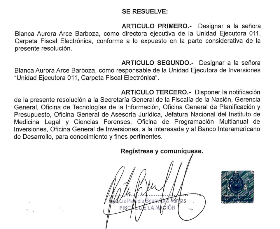 Resolución de Fiscalía que nombra a Blanca Arce como directora de Carpeta Fiscal Electrónica