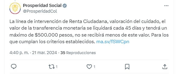 Los montos que girará Renta Ciudadana serán de 500.000 pesos - crédito @ProsperidadCol/X