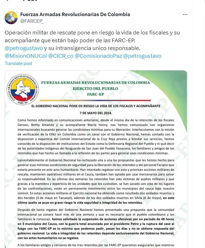 Disidencias de las Farc culpan al presidente Petro si algo les sucede a los fiscales que tienen secuestrados - crédito @FARCEP_