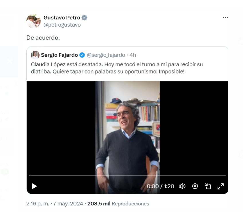 El presidente Gustavo Petro mostró su apoyo a las críticas de Sergio Fajardo contra Claudia López por sus incoherencias en redes - crédito @petrogustavo/X