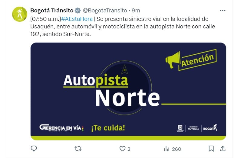 Bogotá Tránsito informó de un siniestro vial - crédito @BogotaTransito