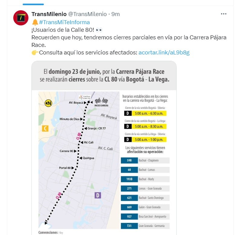 Transmilenio avisa de cierres por la calle 80 - crédito @TransMilenio