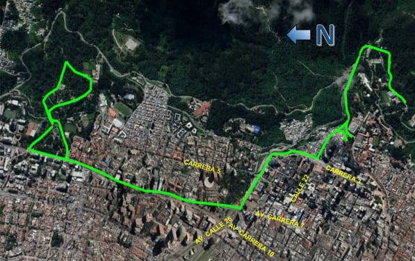 Recorrido de la carrera Runtrail Urbano que se realizará el domingo 23 de junio, en el trayecto del centro histórico de Bogotá, entre la Quinta de Bolívar y el Parque Nacional. (Crédito: Secretaría de Movilidad)