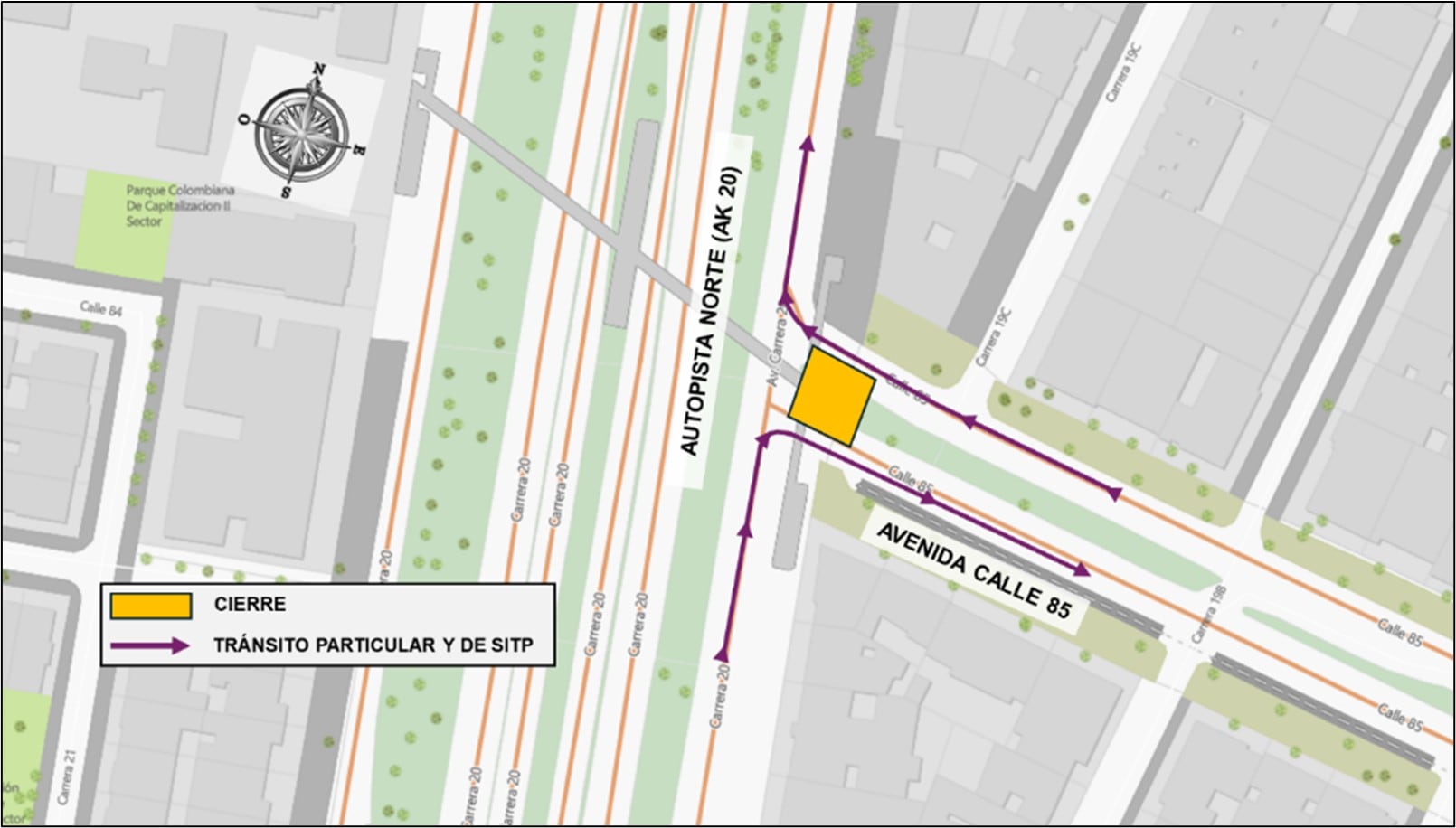 Cierres y desvíos en la intersección de la autopista Norte con la calle 85. (Crédito: Secretaría de Movilidad).