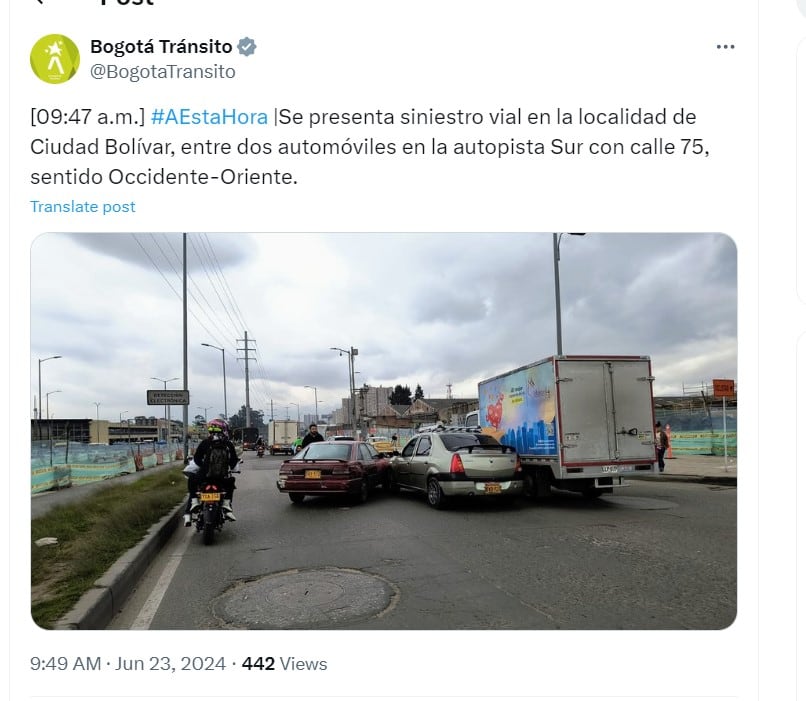 Autoridades de tránsito informan de un accidente en Ciudad Bolívar - crédito @BogotaTransito