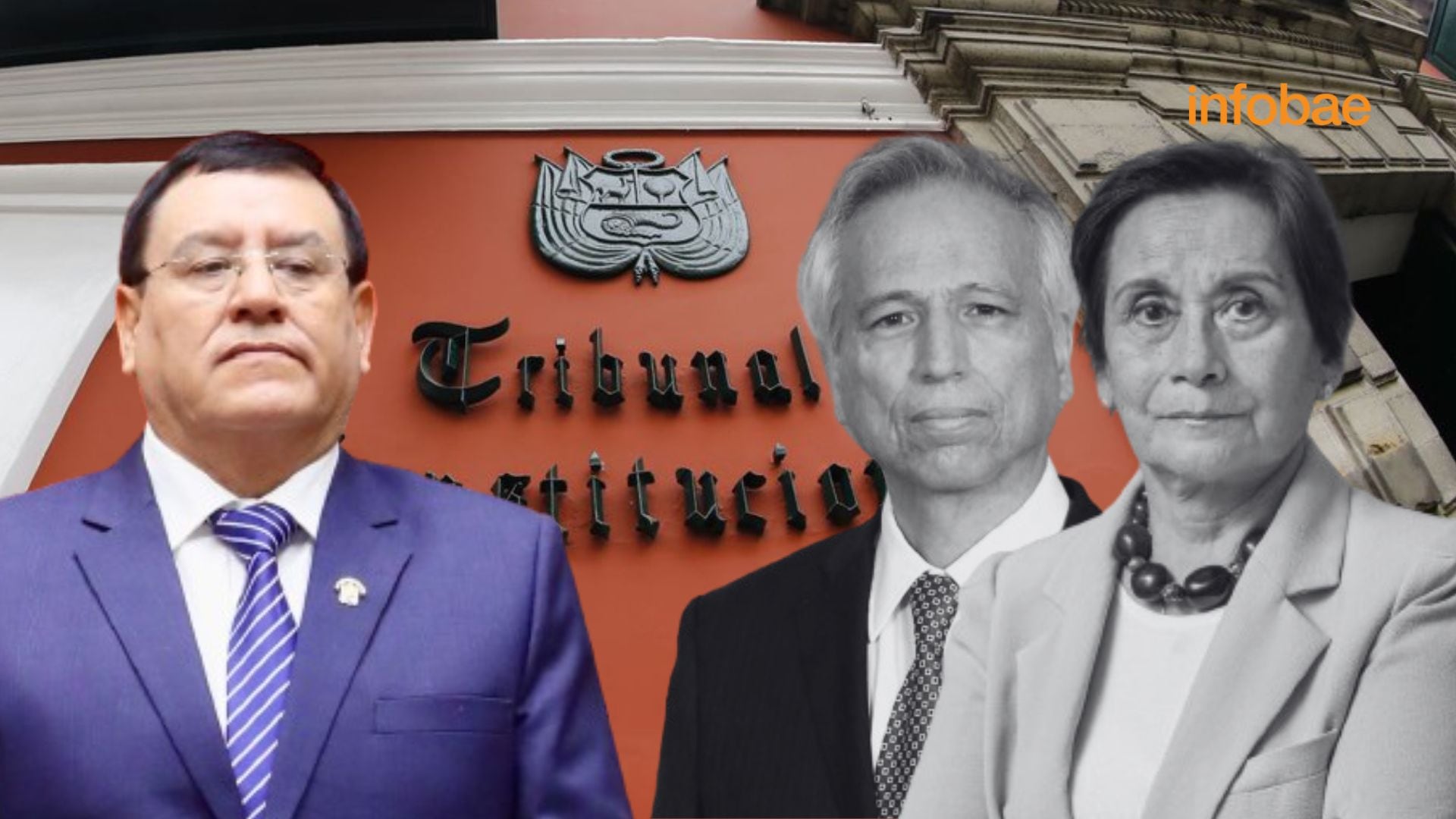 Alejandro Soto, Aldo Vásquez e Inés Tello. De fondo, la fachada del Tribunal Constitucional