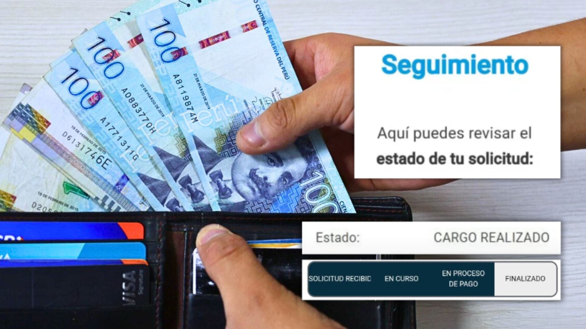 mano que pone billetes de 100 soles en billetera y captura de Asociación de AFP y AFP Hábitat