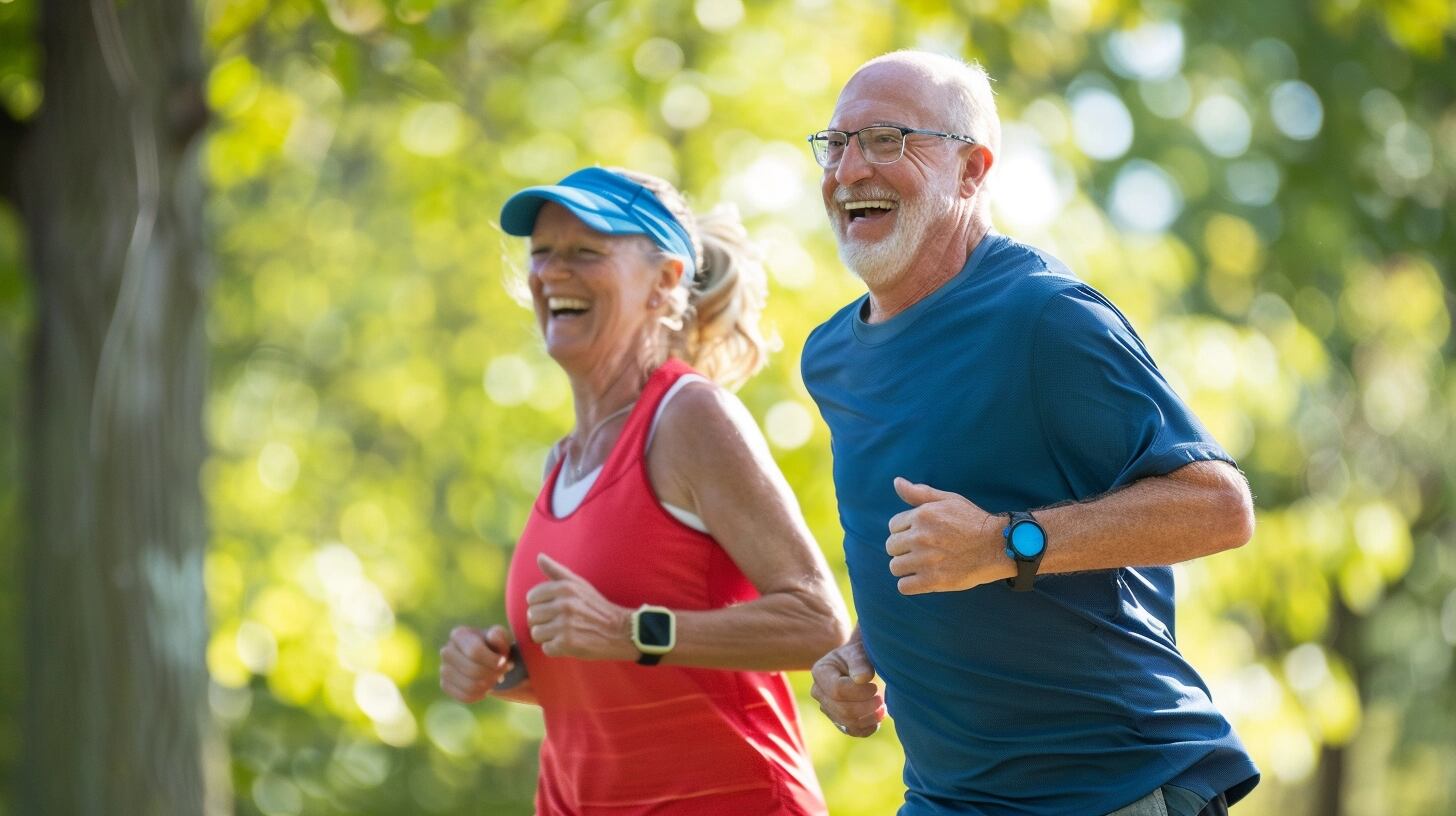 Pareja de ancianos activos disfrutando de una sesión de trote en un entorno verde y natural, evidenciando su compromiso con un estilo de vida saludable y la actividad física regular. Su elección de correr como parte de su rutina diaria subraya la conexión entre el bienestar físico y la longevidad, resaltando la importancia de mantenerse en forma y cuidarse mutuamente en la tercera edad. (Imagen ilustrativa Infobae)