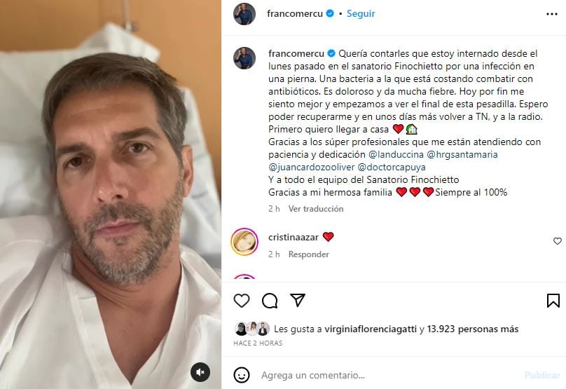 Franco Mercuriali contó que se encuentra internado en el Sanatorio Finochietto (Instagram)