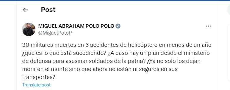 Miguel Polo Polo cuestionó al ministerio de Defensa por accidentes en helicóptero sufridos por miembros de las Fuerzas Militares - crédito @MiguelPoloP